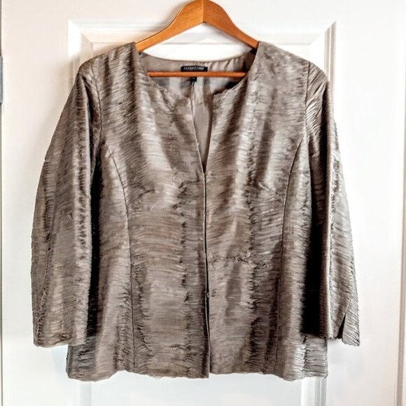 Eileen Fisher Petite Taupe Ripple Bindu Silk Jacket - Picture 1 of 9